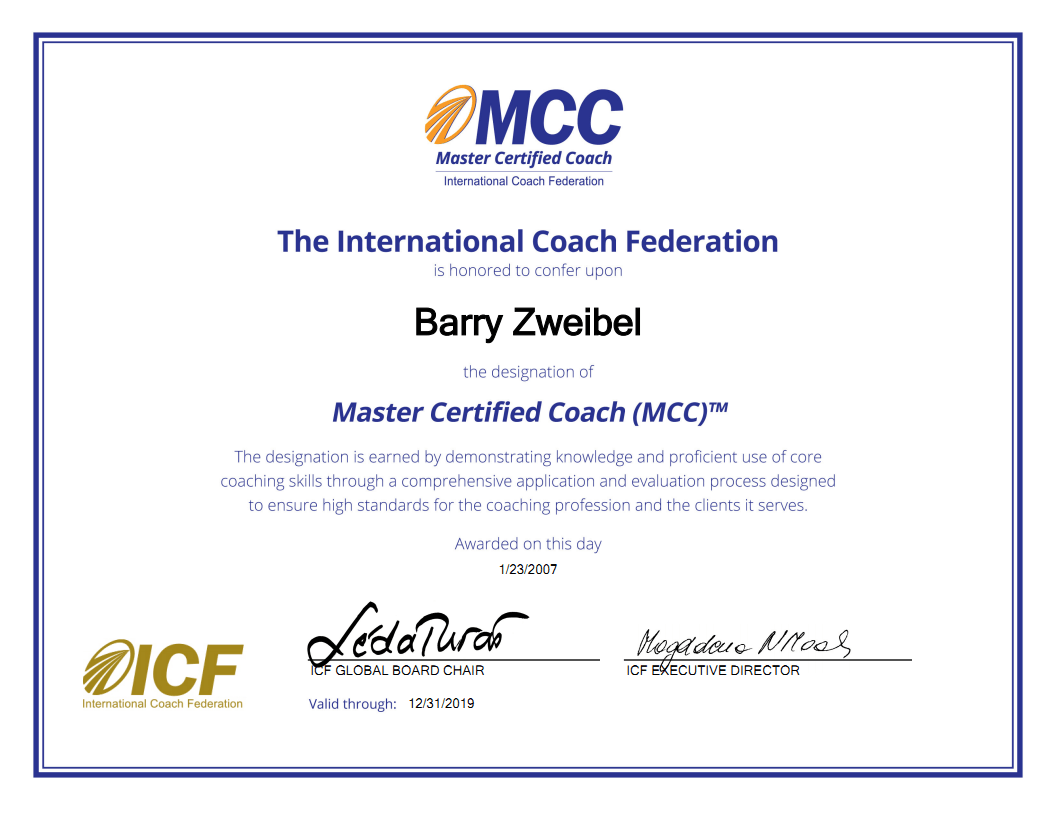 Barry Zweibel, MCC-Master Certified Coach